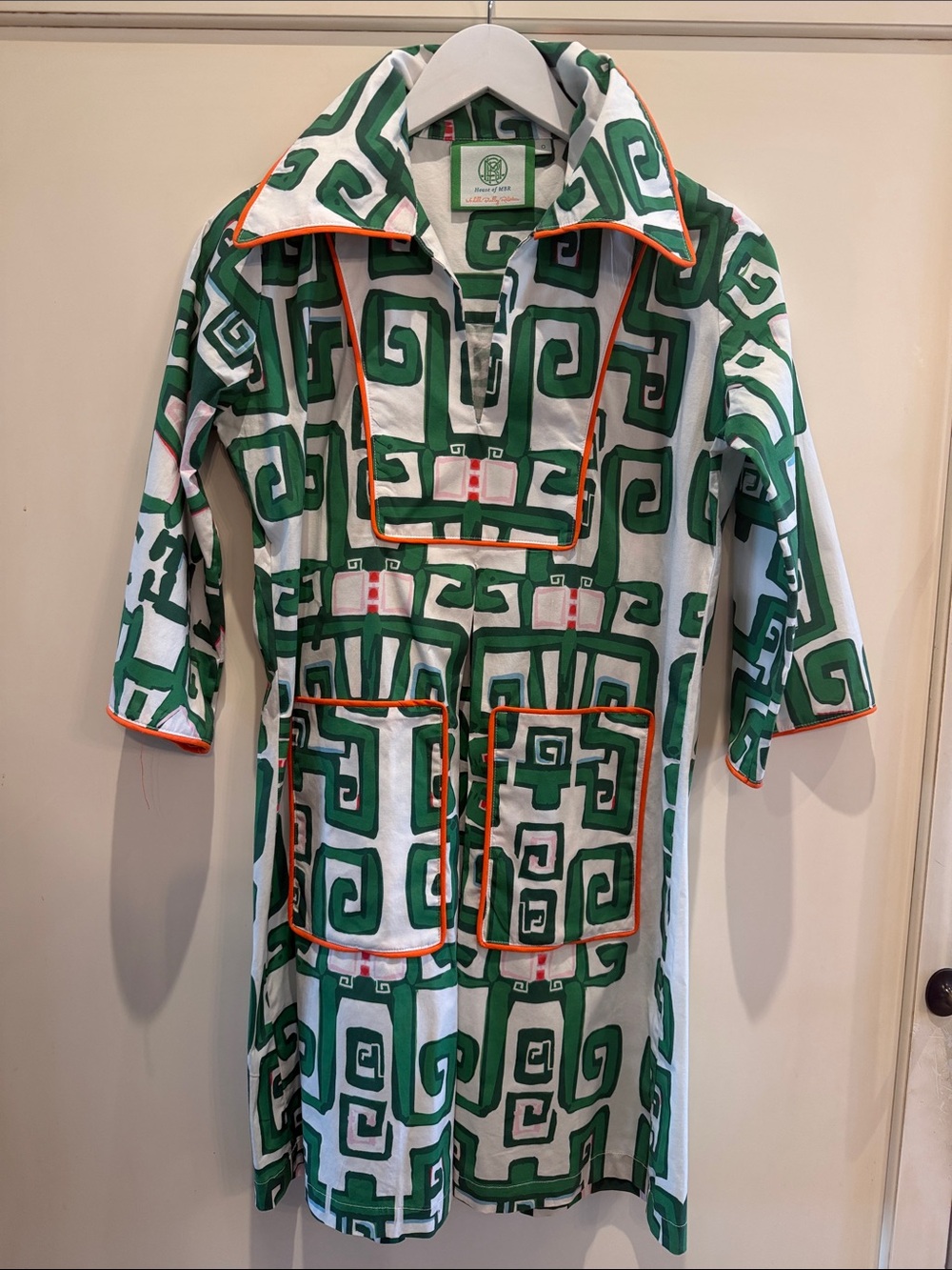 Green & White Geometric Mini Dress with Orange Trim - Women